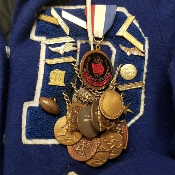 Vintage 80s Letterman Varsity Jacket 50 Metals Wool Blue White Striped Bomber - Picture 10 of 13